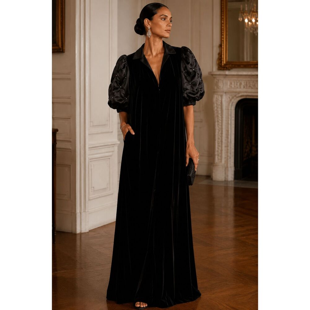 Vintage David Brown Saks Fifth Ave Black Velvet Maxi Evening Gown Puff Sleeve L